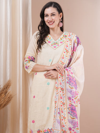 Solid Floral Embroidered Straight Fit Kurta with Pant & Dupatta - White