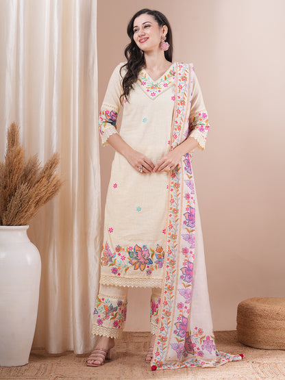 Solid Floral Embroidered Straight Fit Kurta with Pant & Dupatta - White