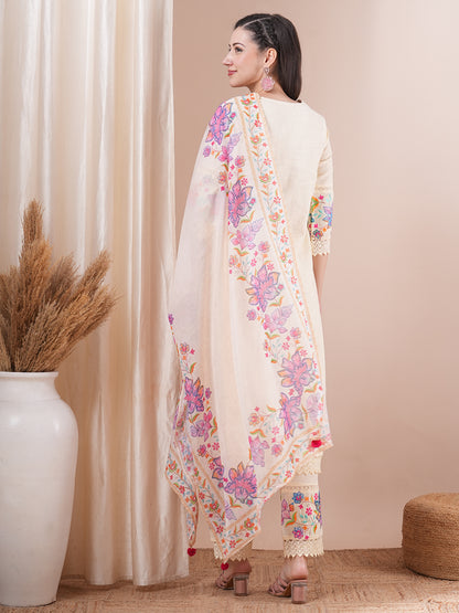 Solid Floral Embroidered Straight Fit Kurta with Pant & Dupatta - White