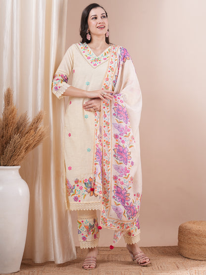 Solid Floral Embroidered Straight Fit Kurta with Pant & Dupatta - White