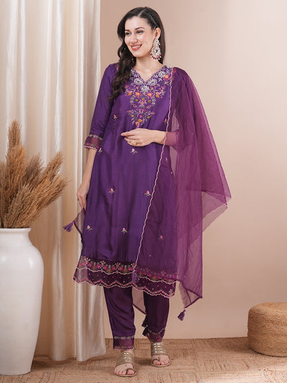 Solid Floral Embroidered Straight Fit Kurta with Pant & Dupatta - Purple