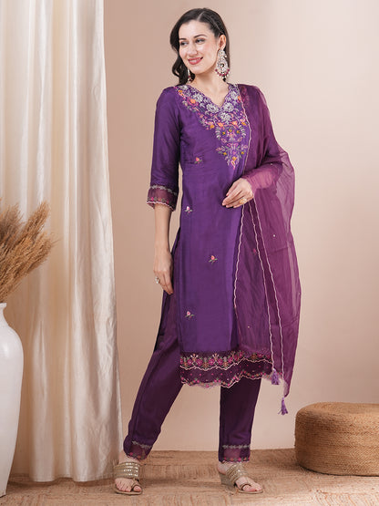 Solid Floral Embroidered Straight Fit Kurta with Pant & Dupatta - Purple