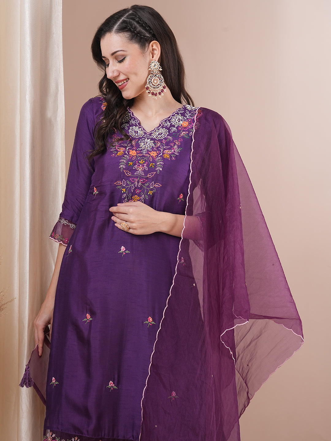 Solid Floral Embroidered Straight Fit Kurta with Pant & Dupatta - Purple