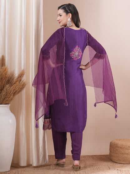 Solid Floral Embroidered Straight Fit Kurta with Pant & Dupatta - Purple