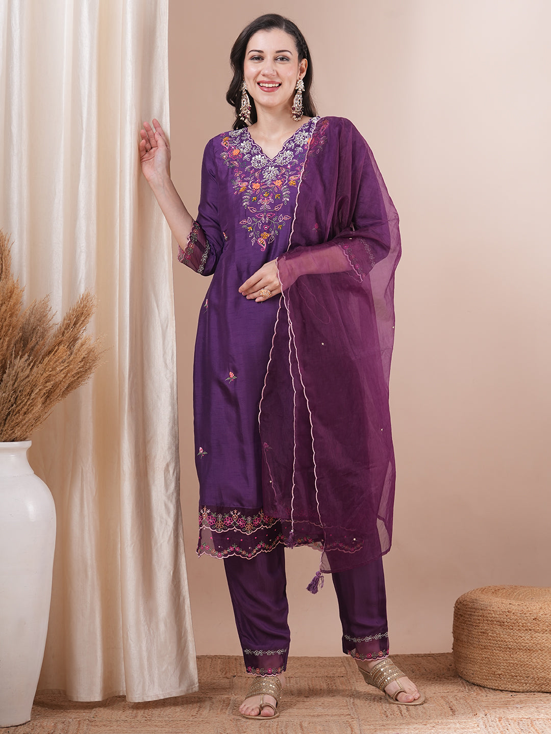 Solid Floral Embroidered Straight Fit Kurta with Pant & Dupatta - Purple