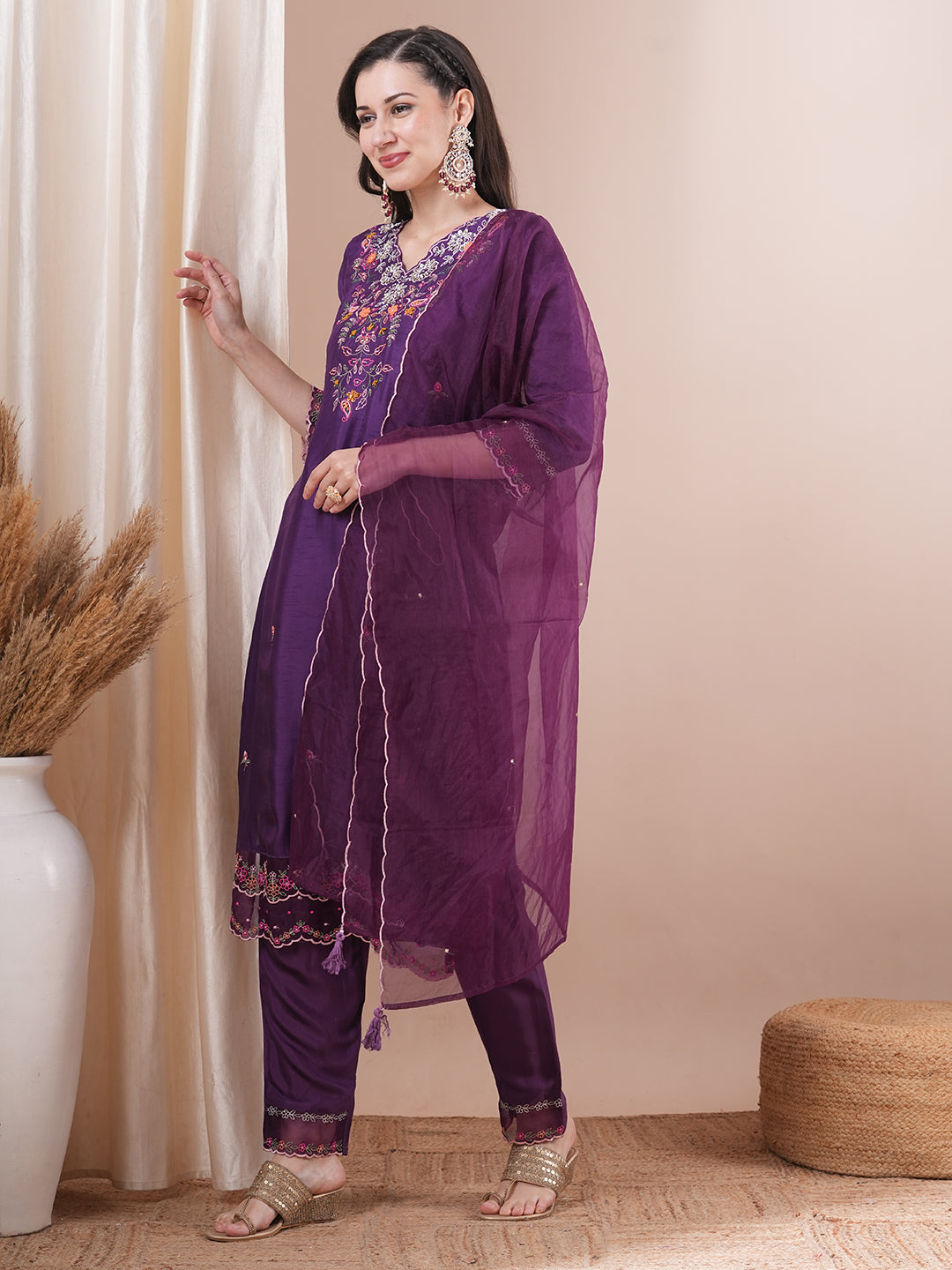 Solid Floral Embroidered Straight Fit Kurta with Pant & Dupatta - Purple