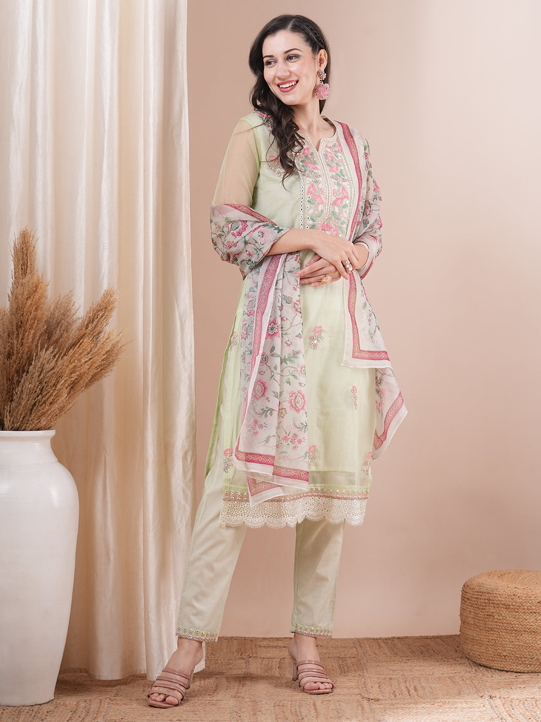 Solid Floral Embroidered Straight Fit Kurta with Pant & Dupatta - Mint Green