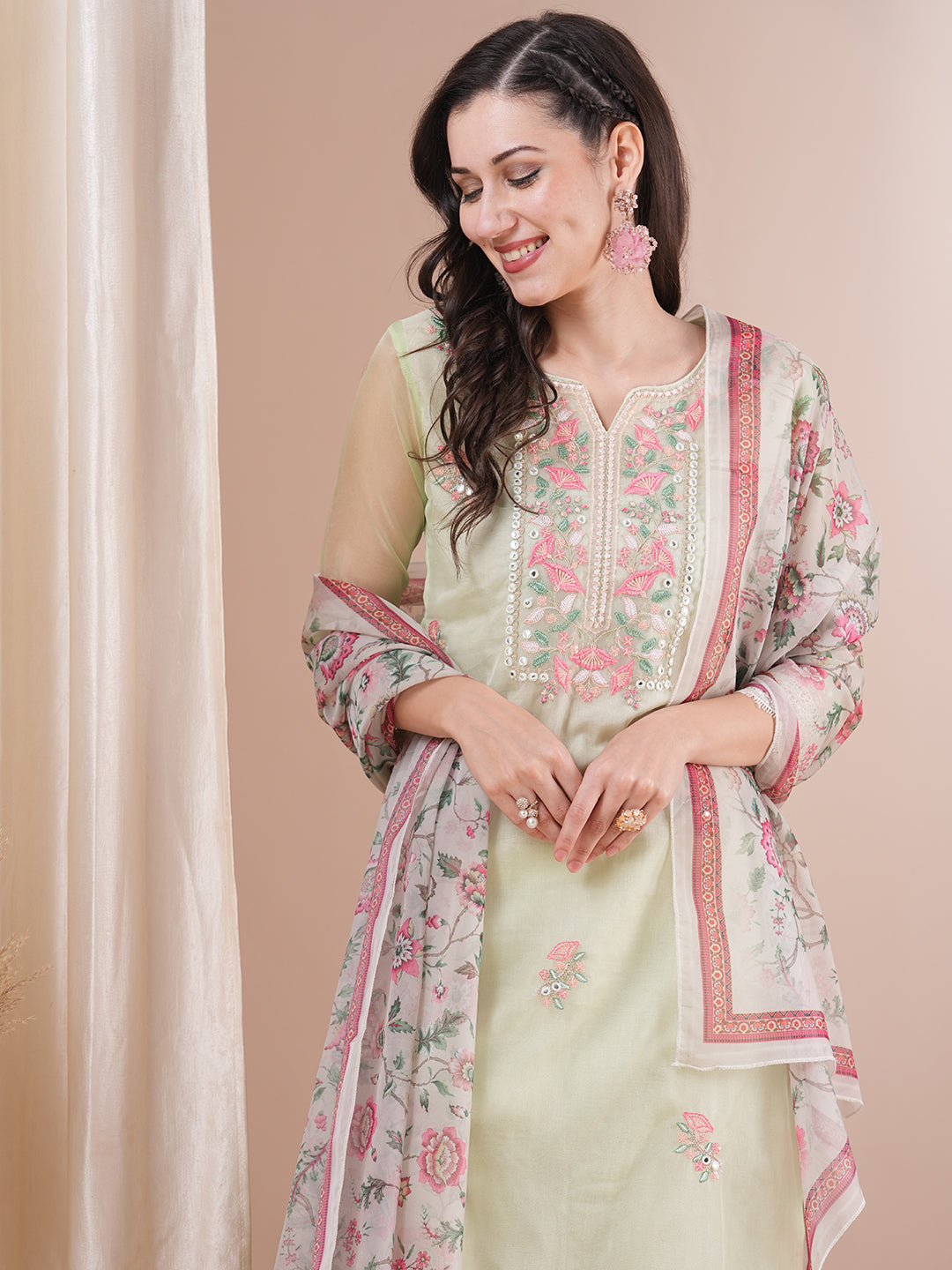 Solid Floral Embroidered Straight Fit Kurta with Pant & Dupatta - Mint Green