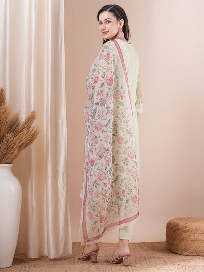 Solid Floral Embroidered Straight Fit Kurta with Pant & Dupatta - Mint Green