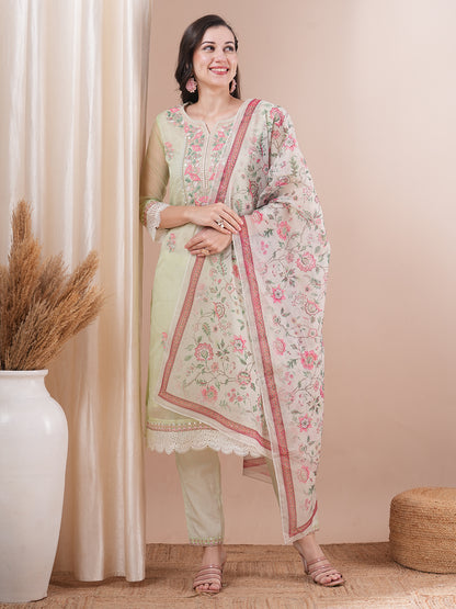 Solid Floral Embroidered Straight Fit Kurta with Pant & Dupatta - Mint Green