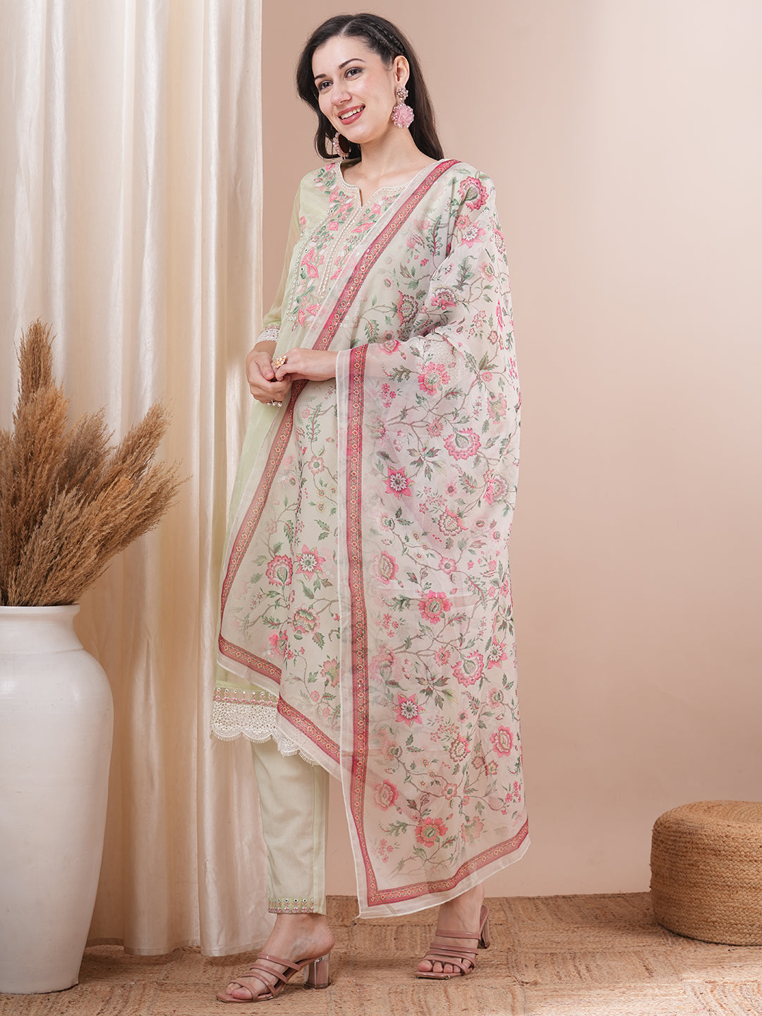 Solid Floral Embroidered Straight Fit Kurta with Pant & Dupatta - Mint Green