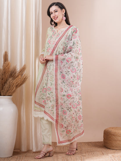 Solid Floral Embroidered Straight Fit Kurta with Pant & Dupatta - Mint Green