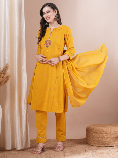 Solid Floral Embroidered Straight Fit Kurta with Pant & Dupatta - Yellow