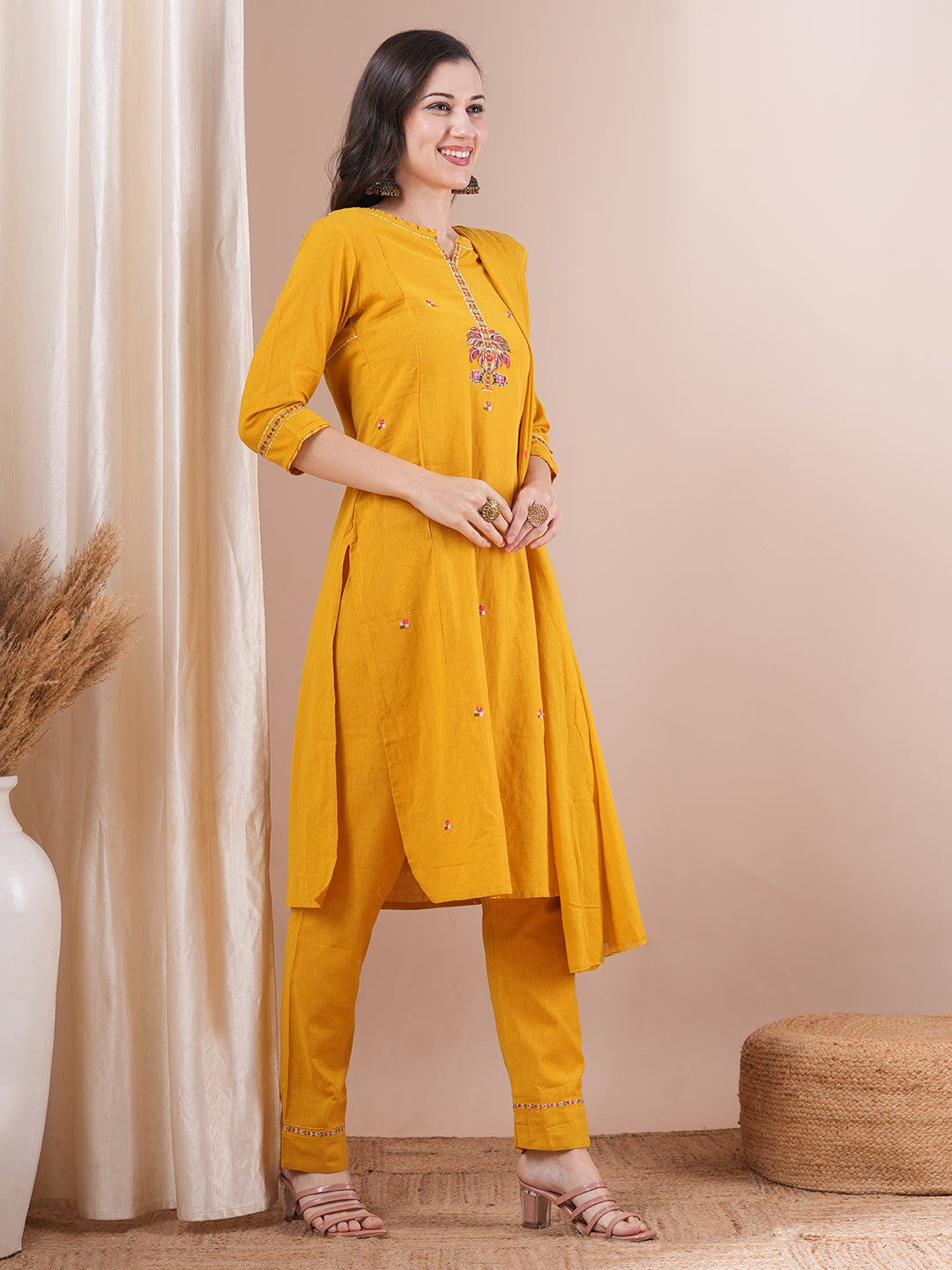 Solid Floral Embroidered Straight Fit Kurta with Pant & Dupatta - Yellow