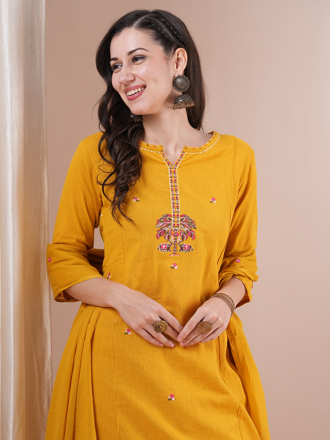 Solid Floral Embroidered Straight Fit Kurta with Pant & Dupatta - Yellow