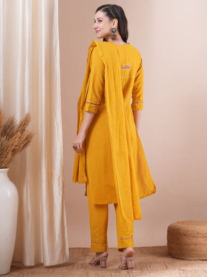 Solid Floral Embroidered Straight Fit Kurta with Pant & Dupatta - Yellow