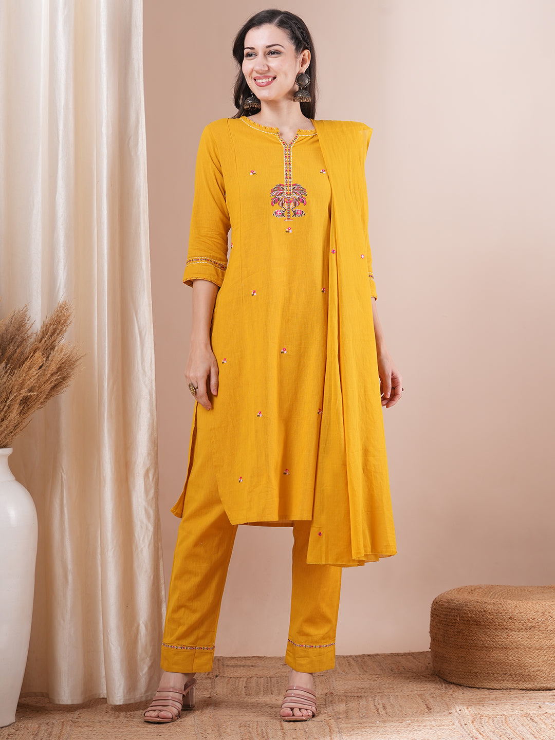 Solid Floral Embroidered Straight Fit Kurta with Pant & Dupatta - Yellow