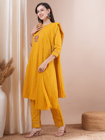 Solid Floral Embroidered Straight Fit Kurta with Pant & Dupatta - Yellow