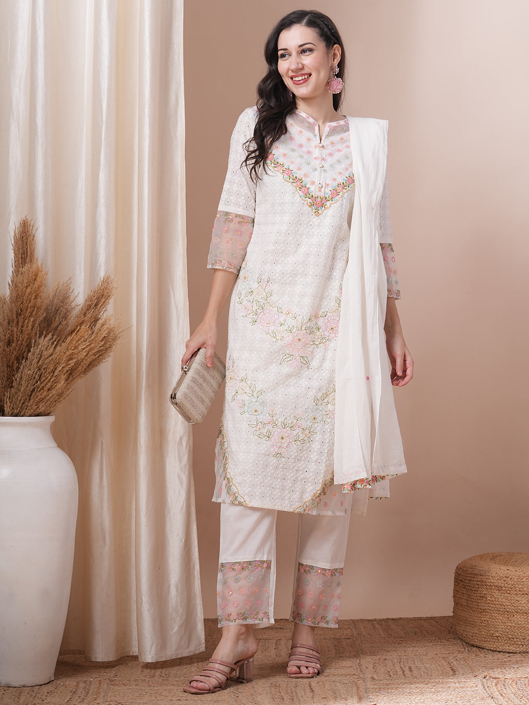 Solid Floral Embroidered Straight Fit Kurta with Pant & Dupatta - White