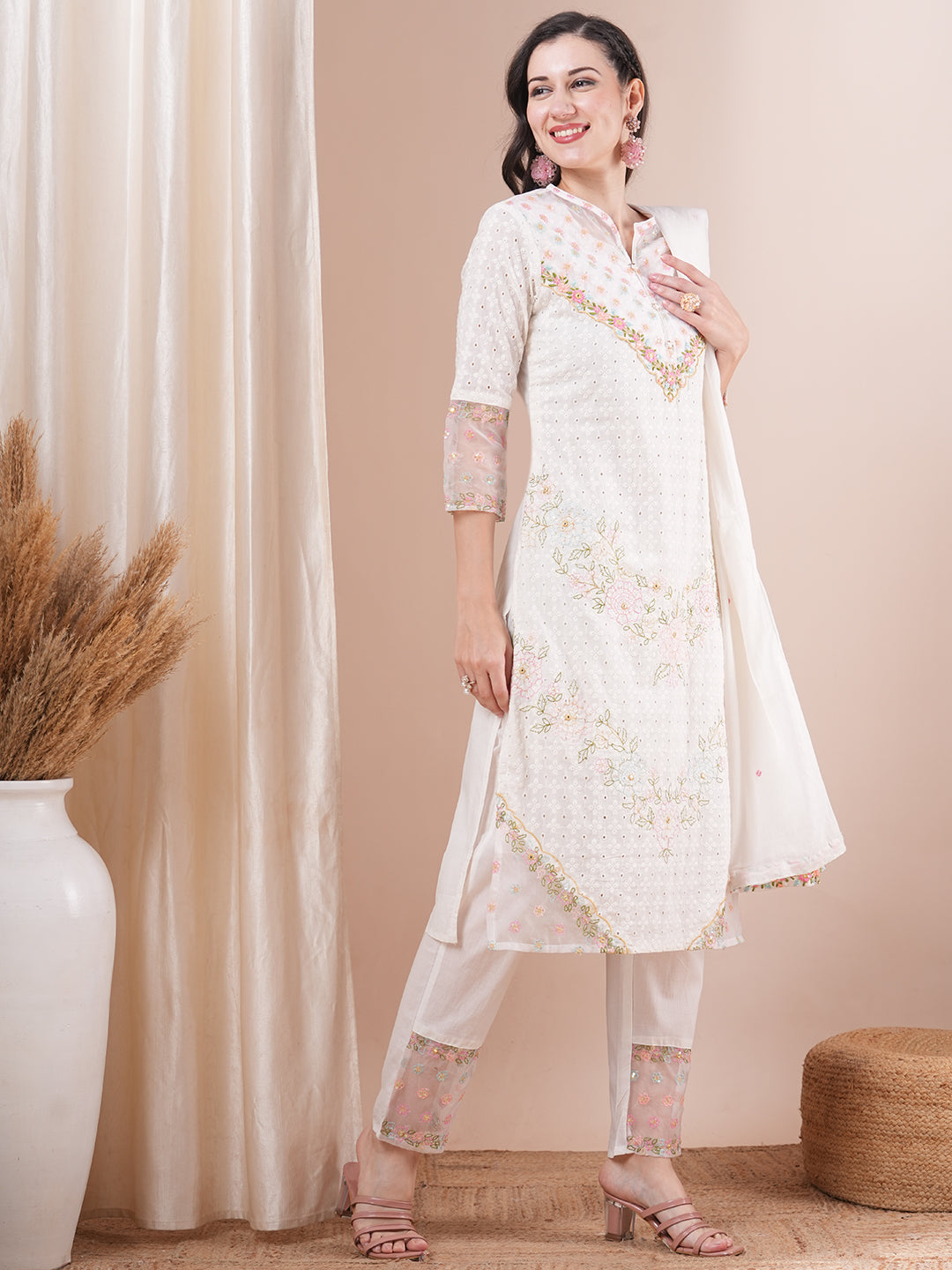 Solid Floral Embroidered Straight Fit Kurta with Pant & Dupatta - White