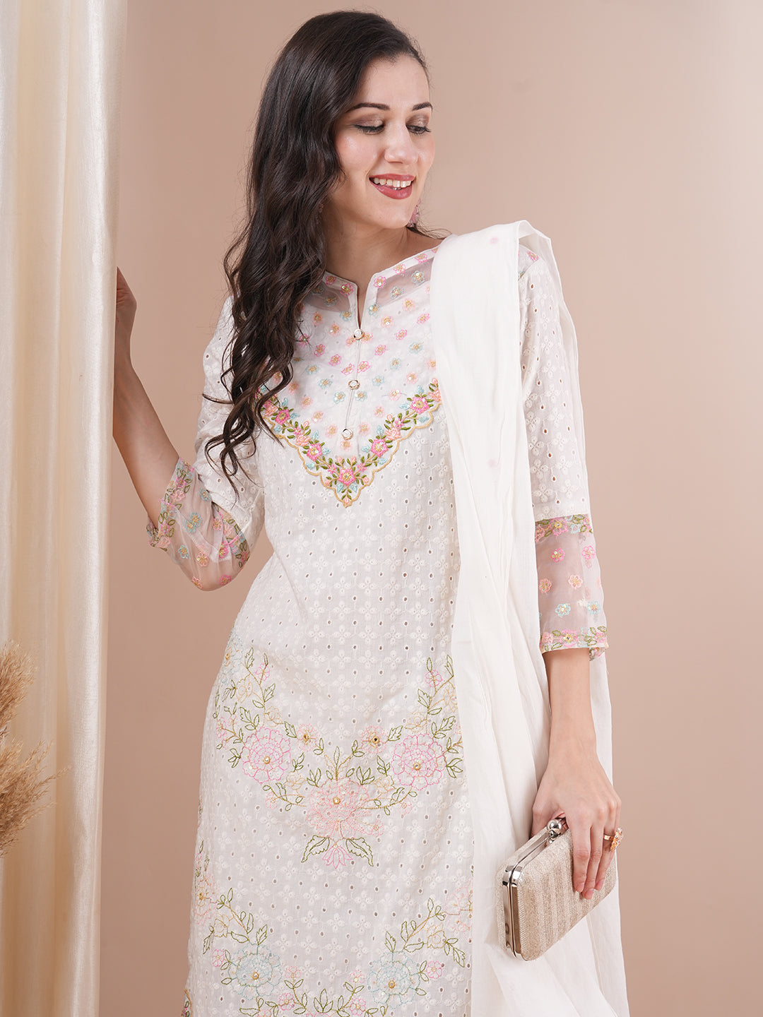 Solid Floral Embroidered Straight Fit Kurta with Pant & Dupatta - White