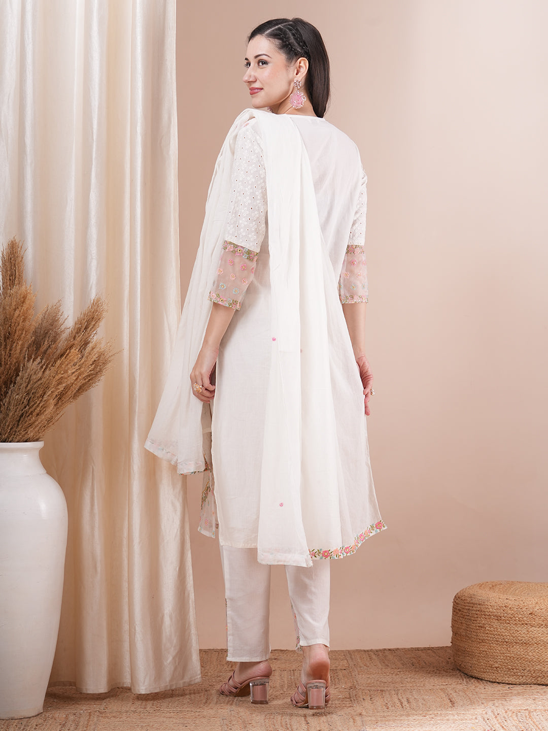 Solid Floral Embroidered Straight Fit Kurta with Pant & Dupatta - White