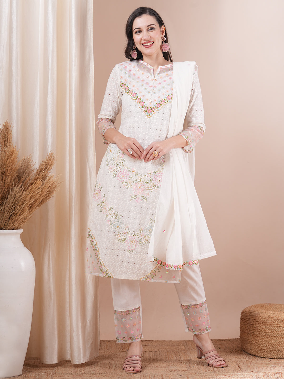 Solid Floral Embroidered Straight Fit Kurta with Pant & Dupatta - White