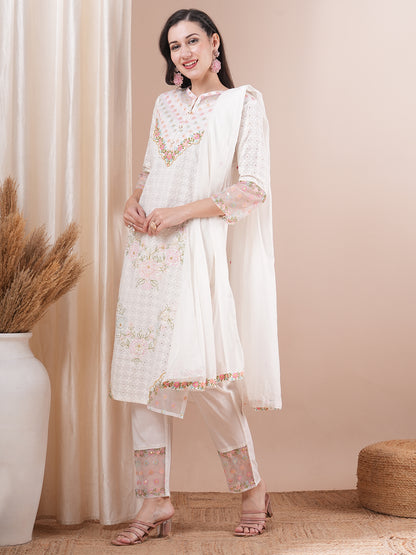 Solid Floral Embroidered Straight Fit Kurta with Pant & Dupatta - White