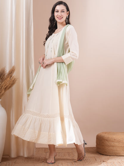 Solid Ethnic Embroidered Schiffli Anarkali Maxi Dress with Solid Dupatta - Off White