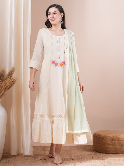 Solid Ethnic Embroidered Schiffli Anarkali Maxi Dress with Solid Dupatta - Off White