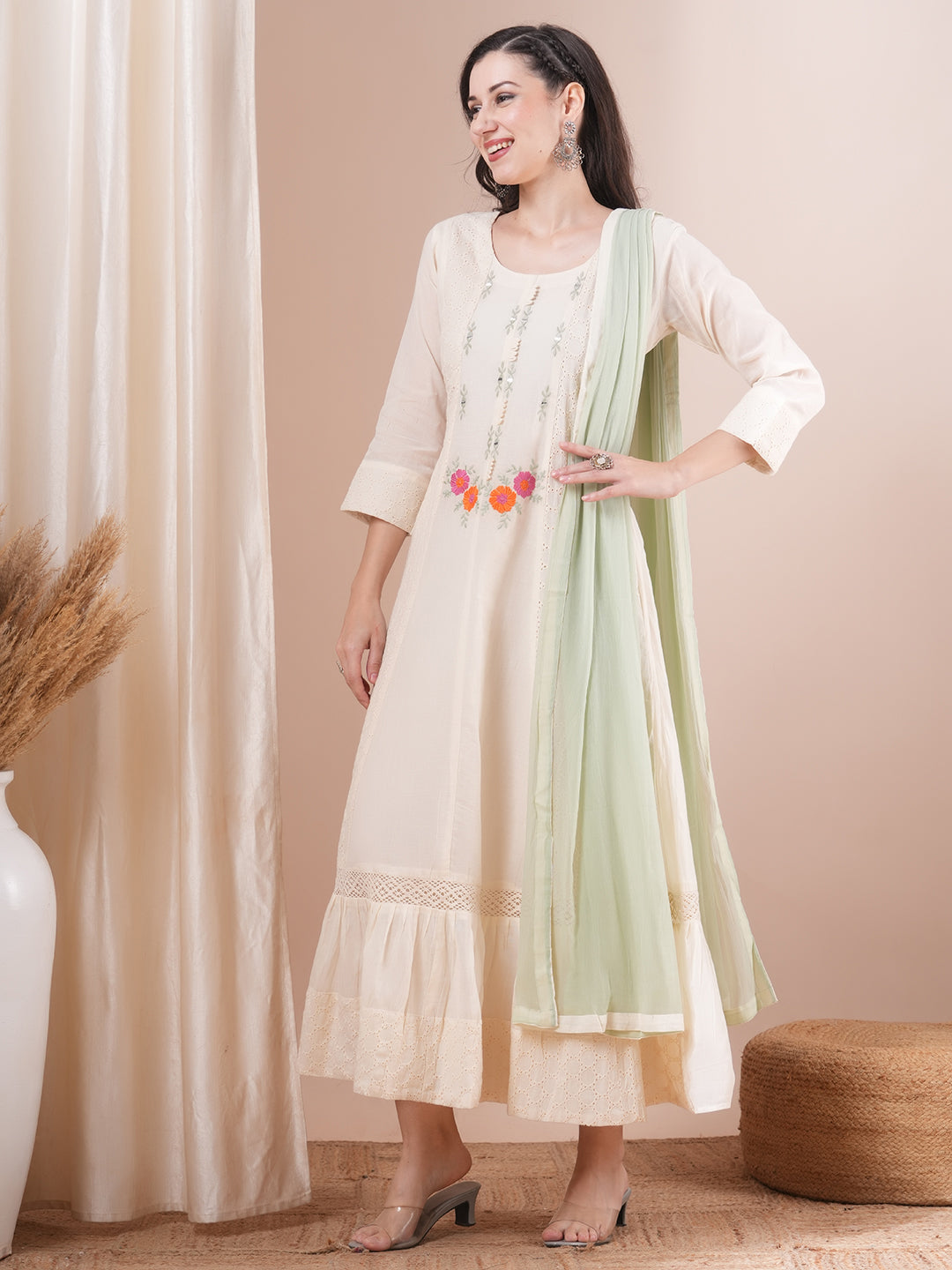 Solid Ethnic Embroidered Schiffli Anarkali Maxi Dress with Solid Dupatta - Off White