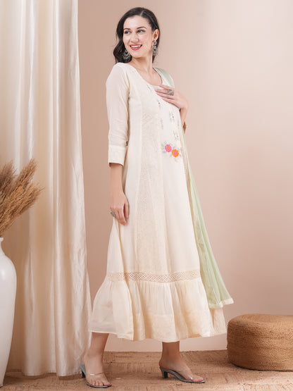 Solid Ethnic Embroidered Schiffli Anarkali Maxi Dress with Solid Dupatta - Off White