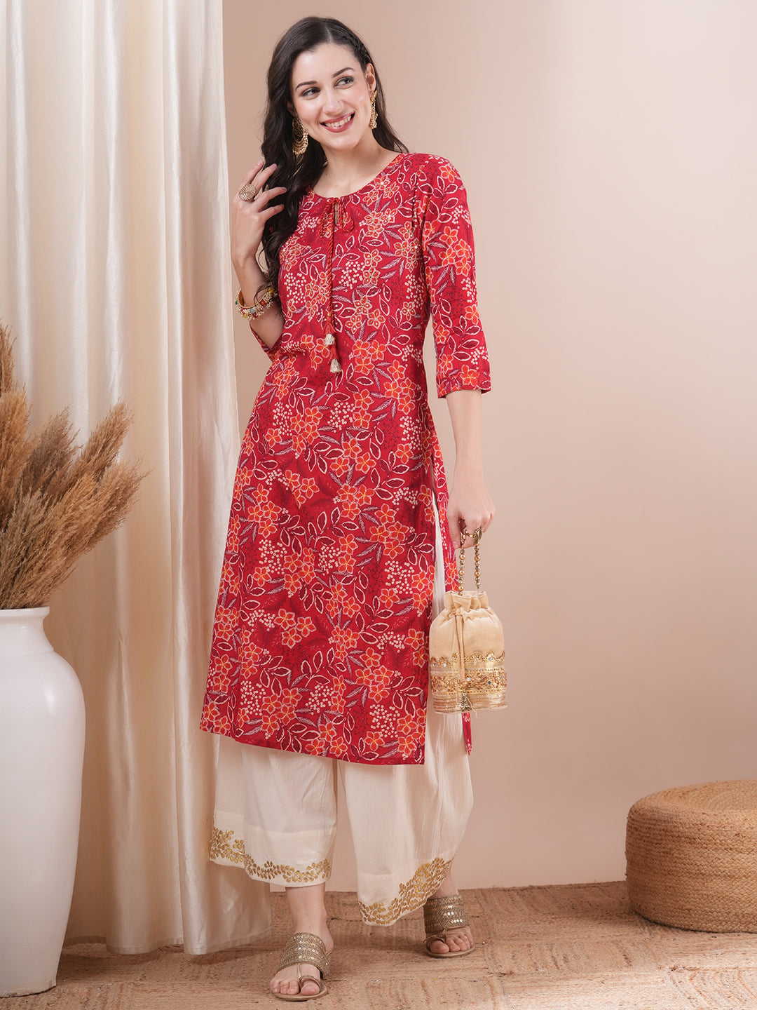 Ethnic Floral Printed & Embroidered Straight Fit Kurta - Red