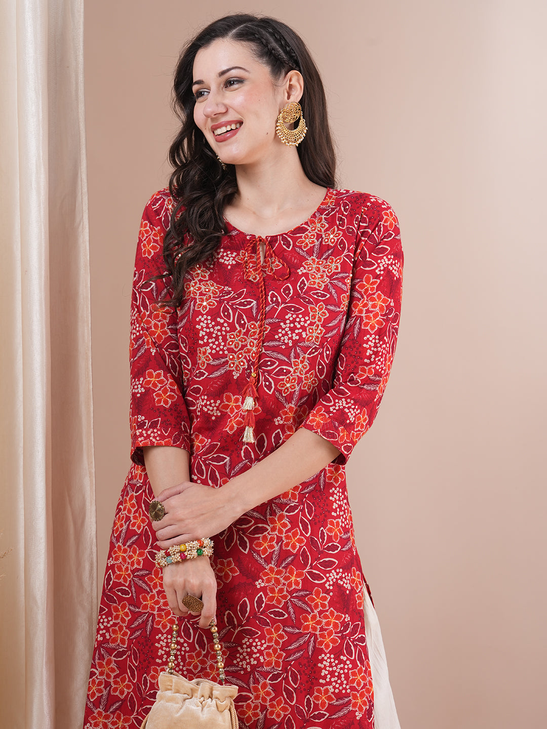 Ethnic Floral Printed & Embroidered Straight Fit Kurta - Red