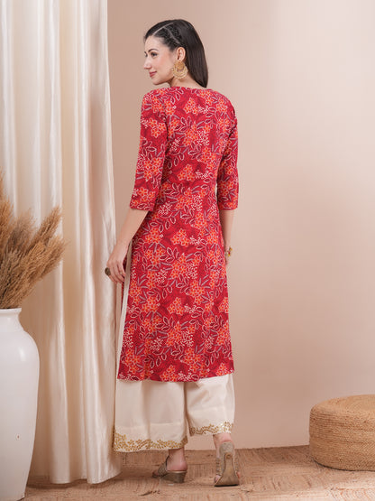 Ethnic Floral Printed & Embroidered Straight Fit Kurta - Red