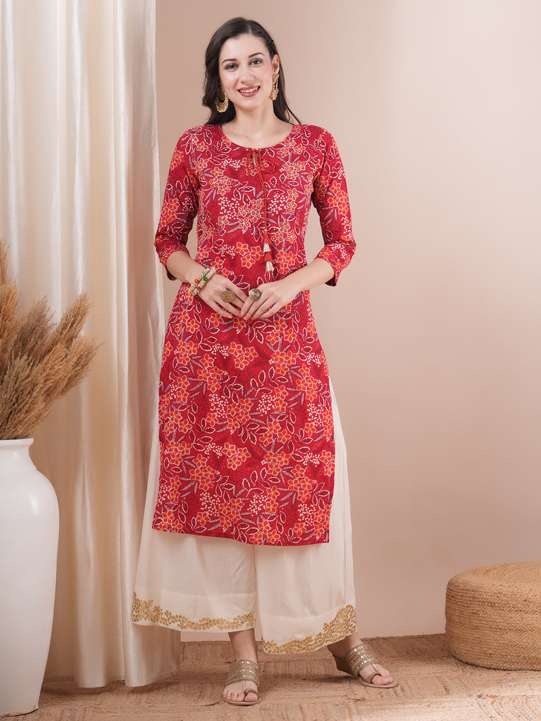 Ethnic Floral Printed & Embroidered Straight Fit Kurta - Red