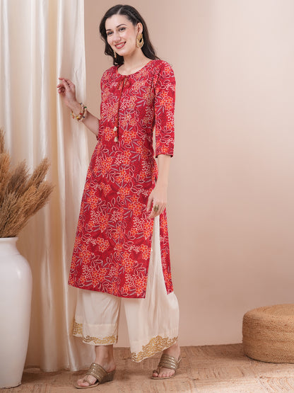 Ethnic Floral Printed & Embroidered Straight Fit Kurta - Red