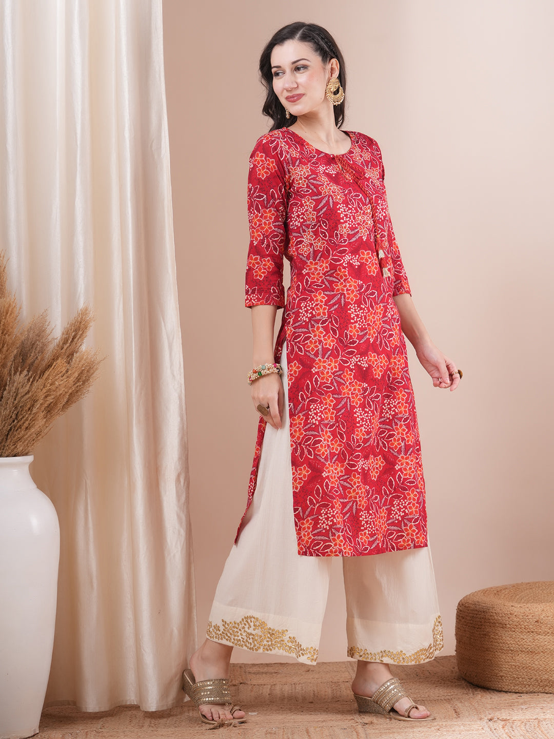 Ethnic Floral Printed & Embroidered Straight Fit Kurta - Red