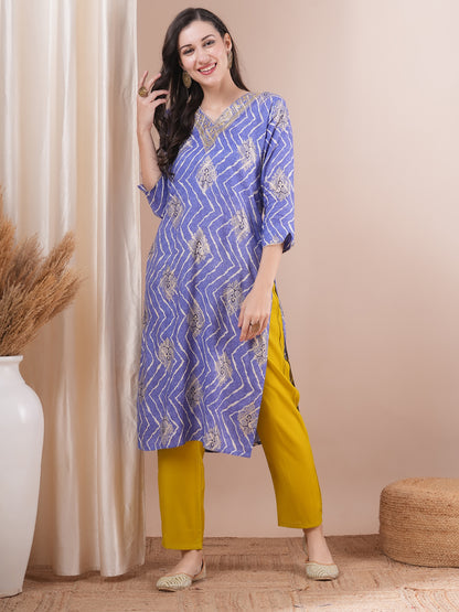 Ethnic Leheriya Foil Printed & Embroidered Straight Fit Kurta with Pant - Blue