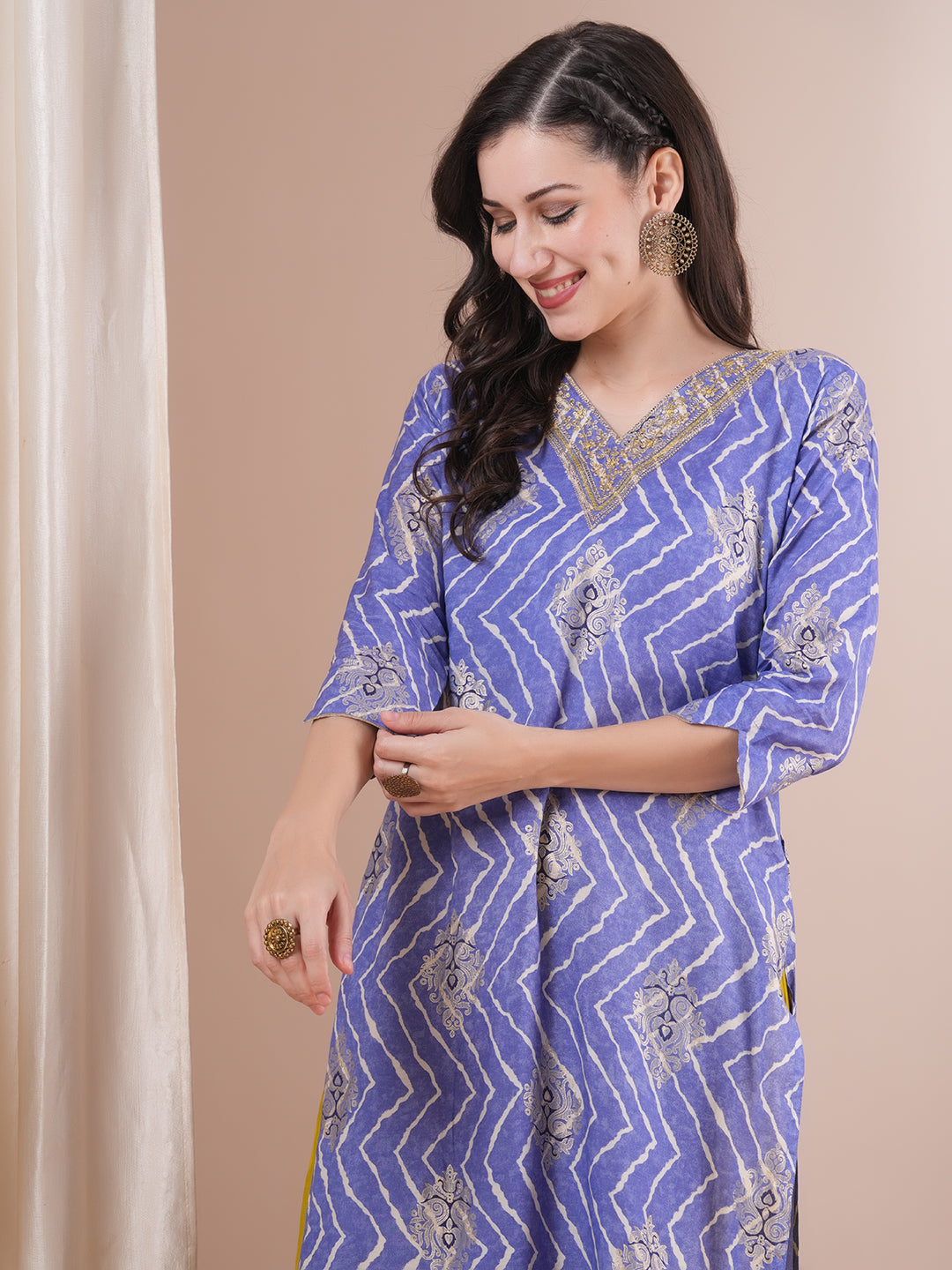 Ethnic Leheriya Foil Printed & Embroidered Straight Fit Kurta with Pant - Blue