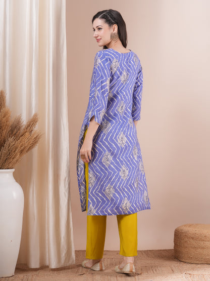 Ethnic Leheriya Foil Printed & Embroidered Straight Fit Kurta with Pant - Blue