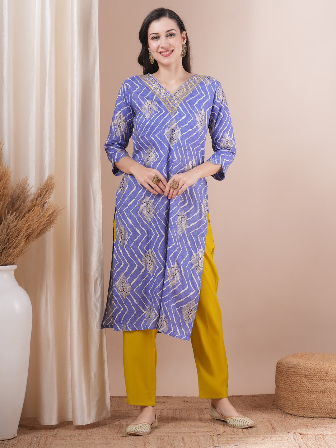 Ethnic Leheriya Foil Printed & Embroidered Straight Fit Kurta with Pant - Blue