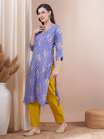 Ethnic Leheriya Foil Printed & Embroidered Straight Fit Kurta with Pant - Blue