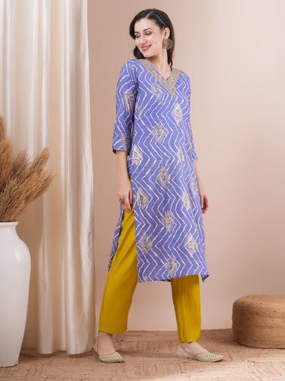 Ethnic Leheriya Foil Printed & Embroidered Straight Fit Kurta with Pant - Blue