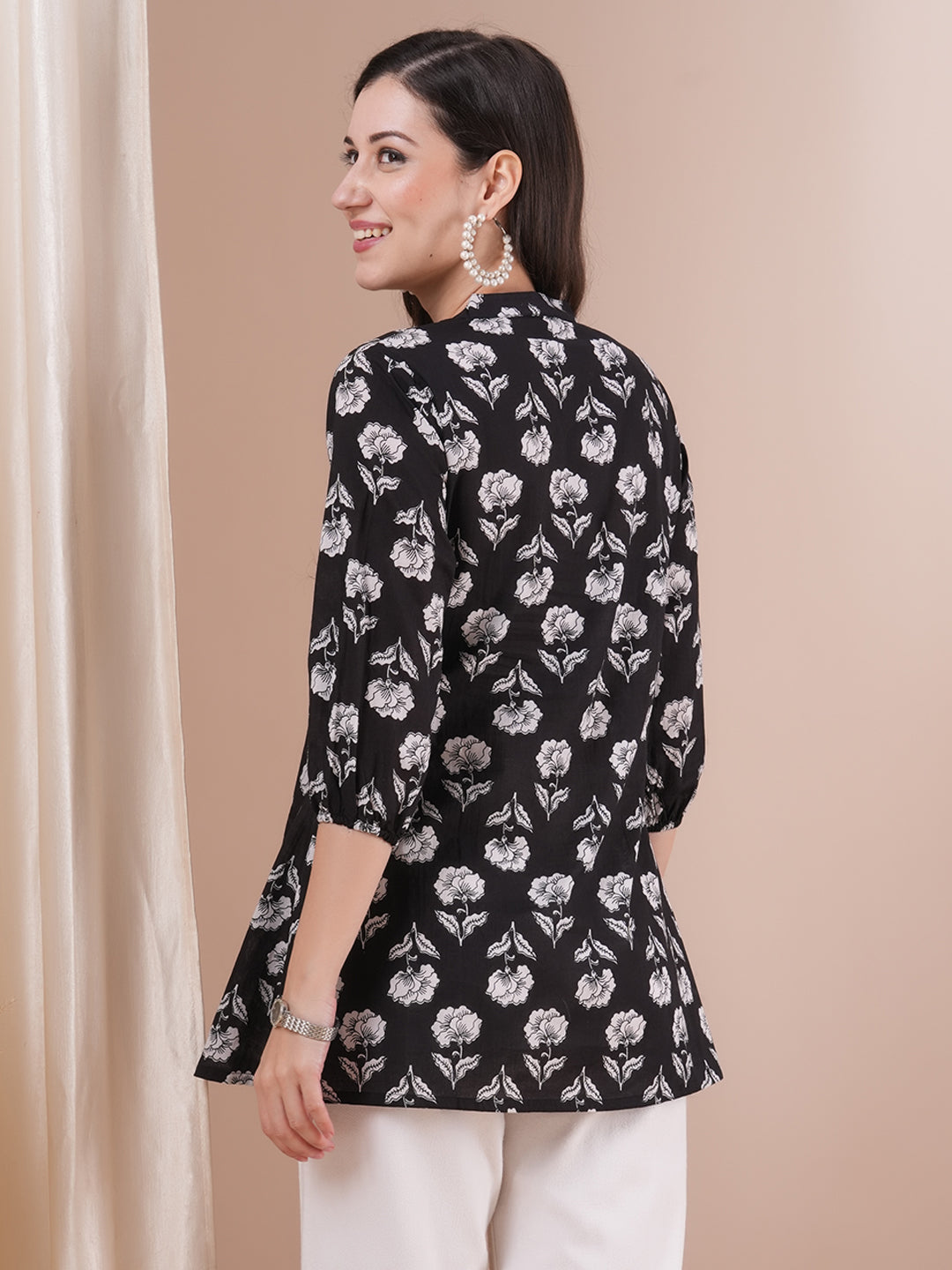 Ethnic Floral Printed A-Line Short Cotton Kurti - Black