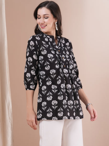 Ethnic Floral Printed A-Line Short Cotton Kurti - Black