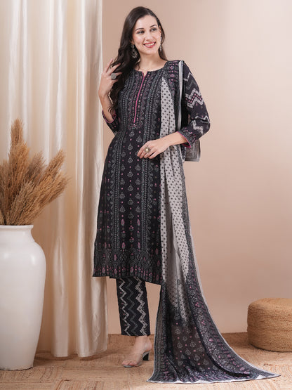 Ethnic Floral Printed Straight Fit Kurta with Pant and Dupatta - Black