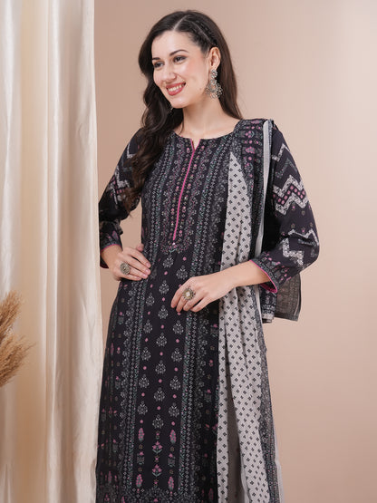 Ethnic Floral Printed Straight Fit Kurta with Pant and Dupatta - Black