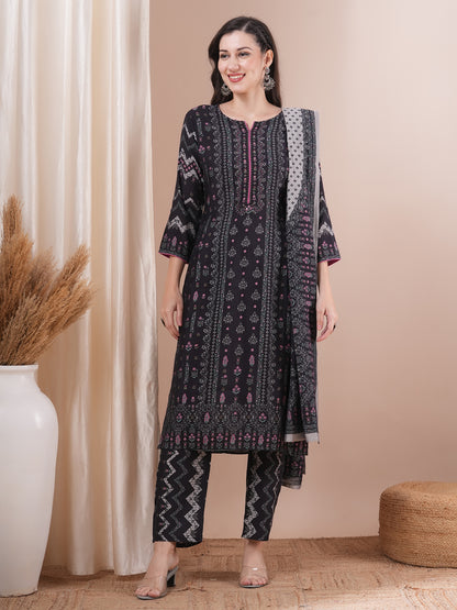 Ethnic Floral Printed Straight Fit Kurta with Pant and Dupatta - Black