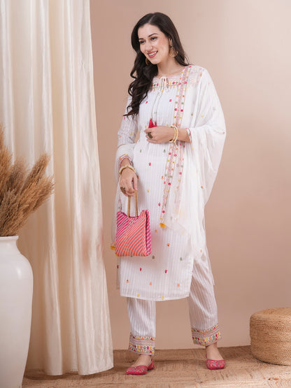 Solid Ethnic Embroidered Straight Fit Kurta with Pant and Dupatta - White